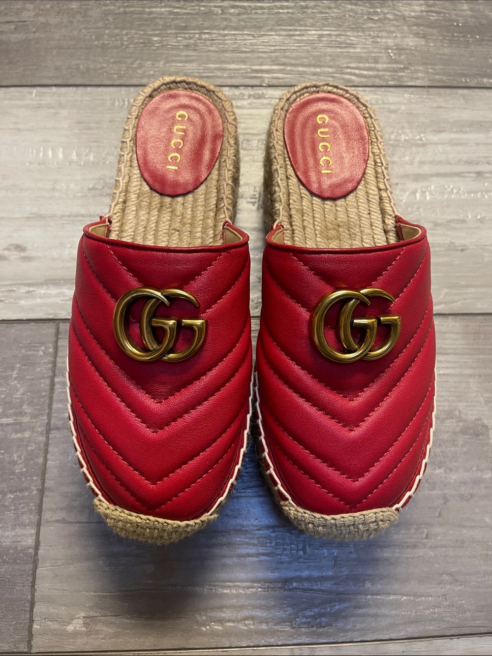 Red Quilted Leather Slip-On Mules with Double G Hardware
